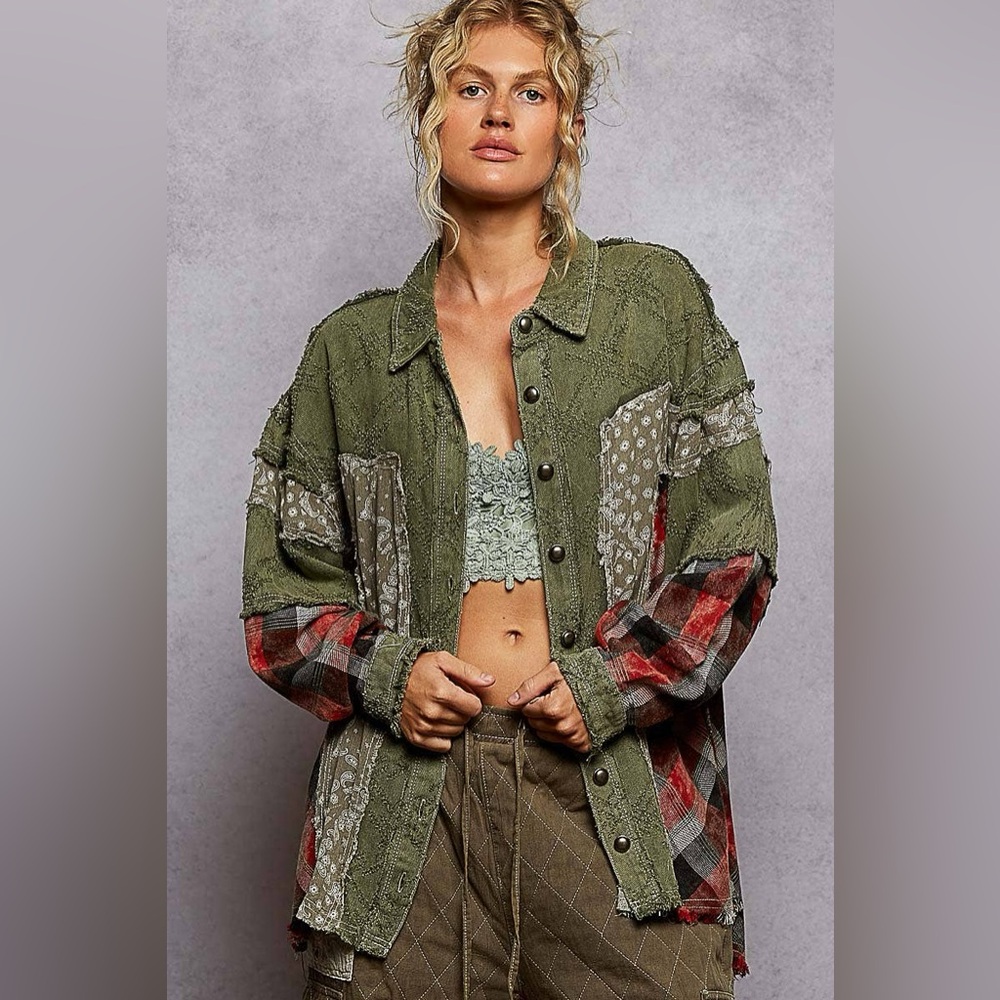 POL Patchwork Plaid Boho Shacket Oversized - Size… - image 8